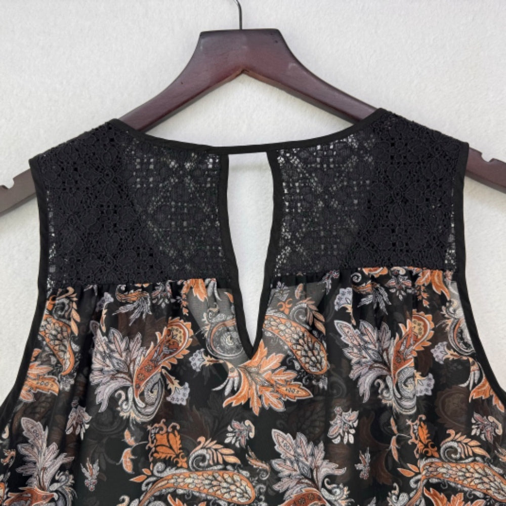 Daniel Rainn Ladies Blouse Sz L Sheer Black Tan Gray paisley Lace neckline