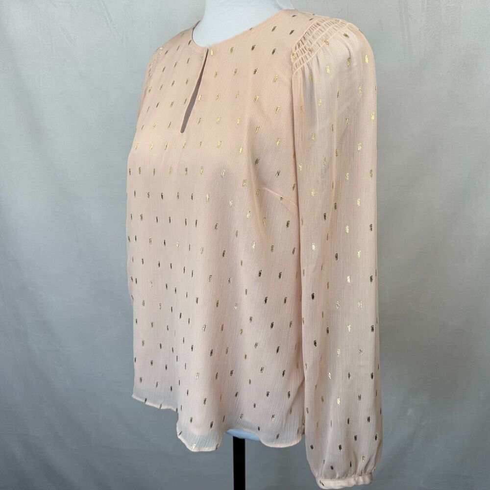Nine West Sheer Blouse Sz S Peach Foil Gold Speck Chiffon Keyhole Long Sleeve