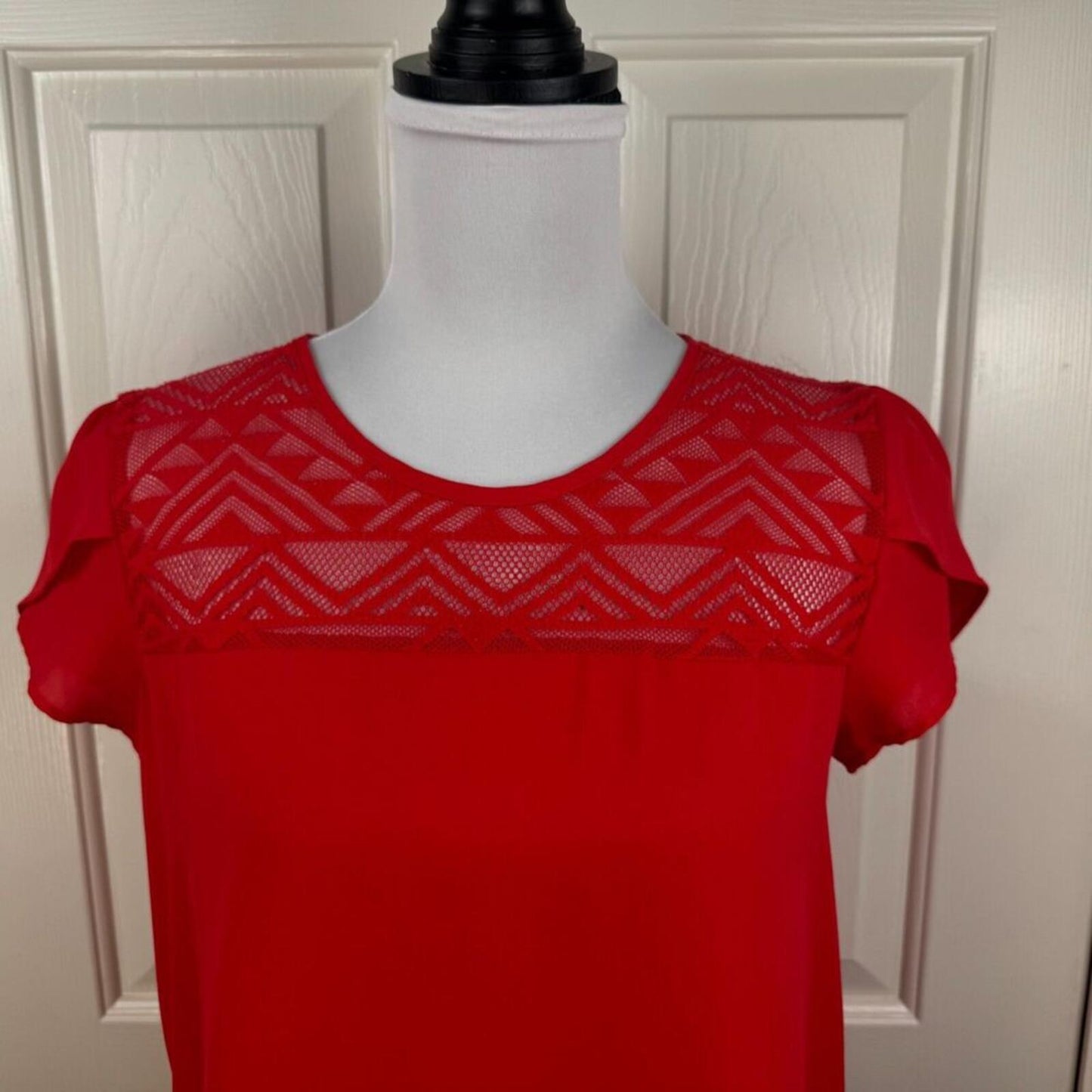 Meraki Womens Blouse Sz S Sheer Red Aztec Mesh Short Sleeve Crew Neck Pullover