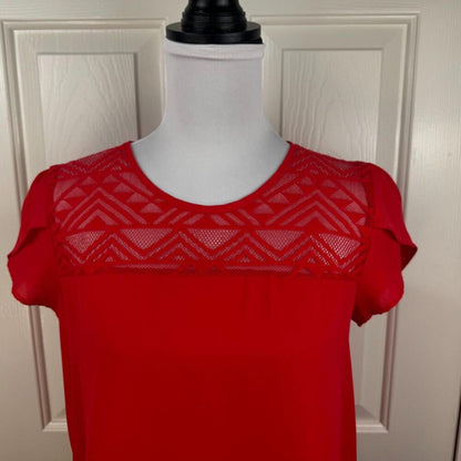Meraki Womens Blouse Sz S Sheer Red Aztec Mesh Short Sleeve Crew Neck Pullover