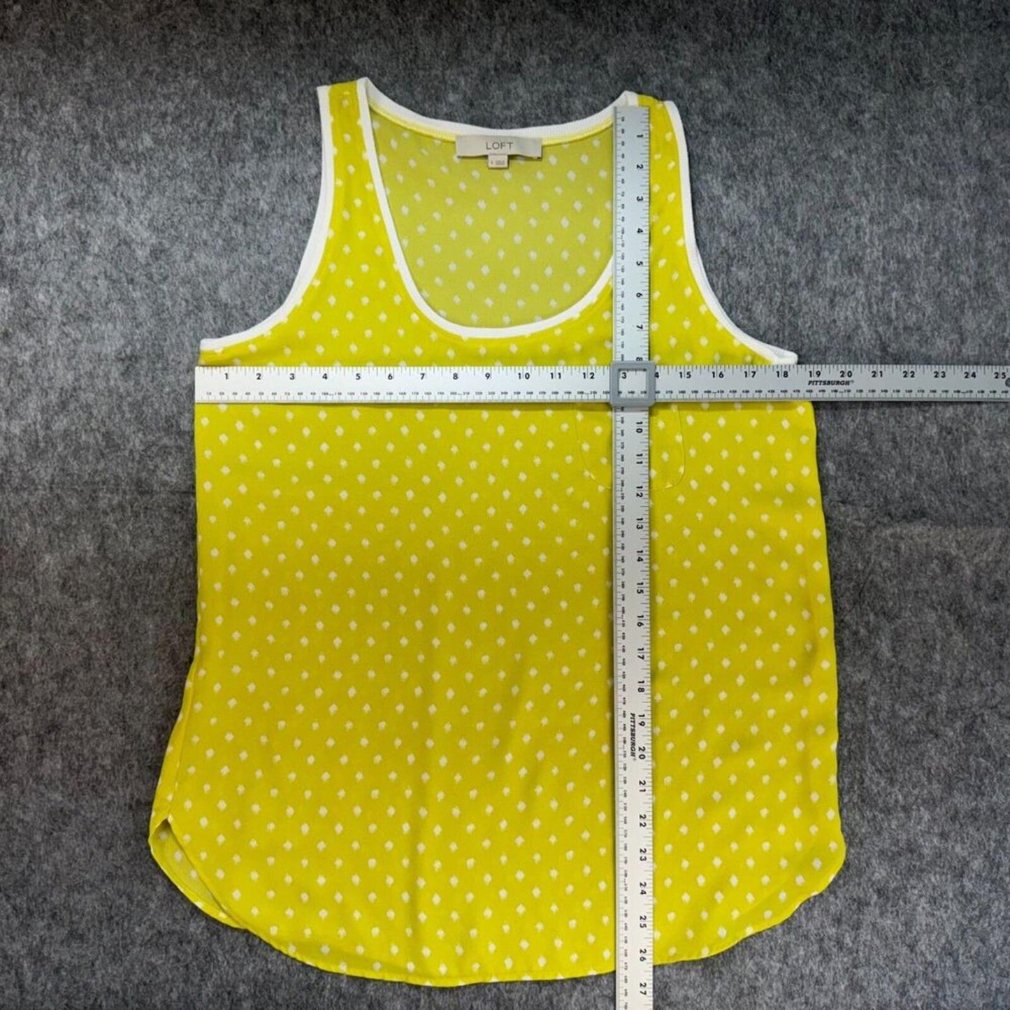 LOFT Women Sheer Top Sz S Yellow and White Polka Dots Sleeveless Knit Trim