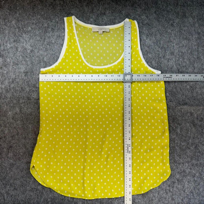 LOFT Women Sheer Top Sz S Yellow and White Polka Dots Sleeveless Knit Trim