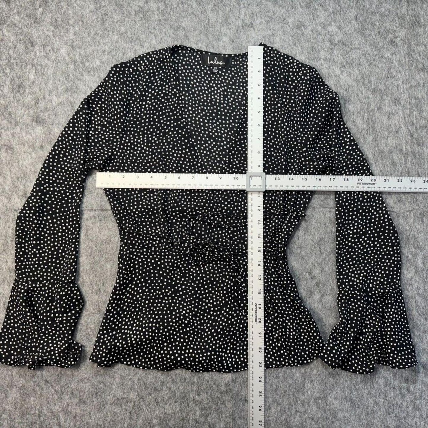 Lulus Women Blouse Sz XS Black White Polka Dot Peplum Wrap Flutter Long Sleeve