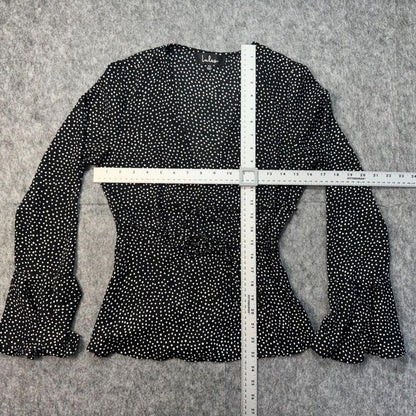 Lulus Women Blouse Sz XS Black White Polka Dot Peplum Wrap Flutter Long Sleeve