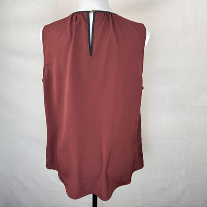 Chaus New York Women Sz M Top Maroon Black Trim Sleeveless Neck Keyhole Career