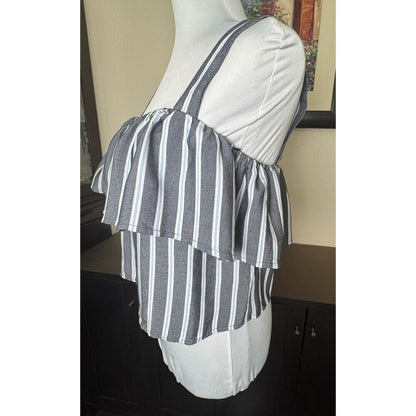 Express Crop Crop Top Sz XS Stripe Gray Blue White Flounce Back Zipper