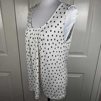Banana Republic Women Top Sz S White Black Print Scoop Pleated Neck Sleeveless