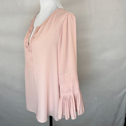 Zac & Rachel Blouse Sz L Dusty Pink Pleated Front Split Neck Flutter Sleeve