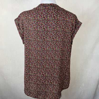 Pleione Women Sz S Black Multicolor Print High-Low Split-Neck Cuffed Cap Sleeve