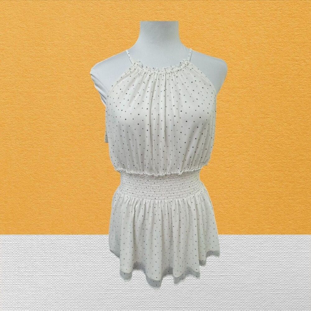 Express Top Sz M NWT Ivory Polka Dots Halter  Smocked Sleeveless Peplum Lined