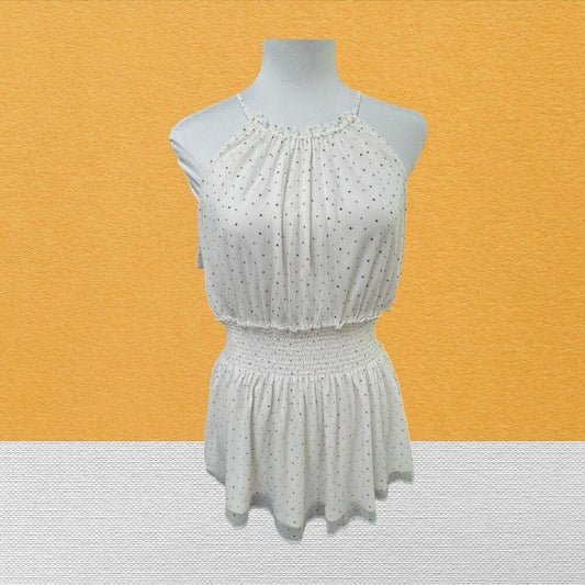 Express Top Sz M NWT Ivory Polka Dots Halter  Smocked Sleeveless Peplum Lined