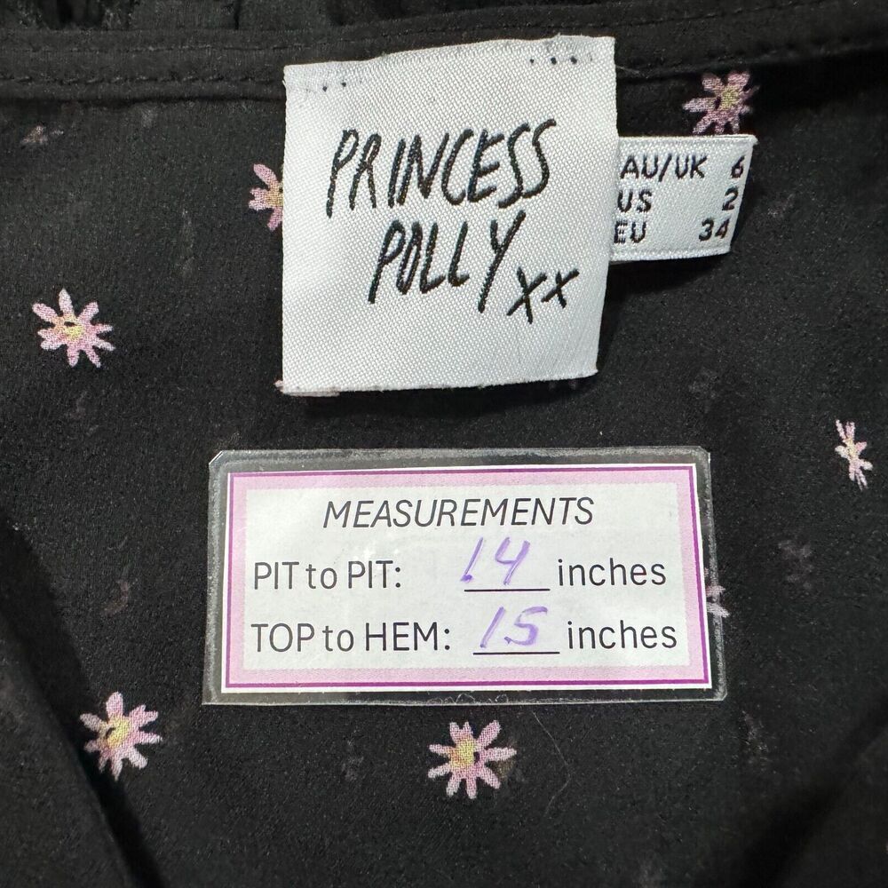 Princess Polly Cropped Top Sz 2 Black Daisy Floral Sheer Long Sleeve Smocked