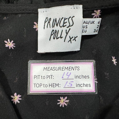 Princess Polly Cropped Top Sz 2 Black Daisy Floral Sheer Long Sleeve Smocked