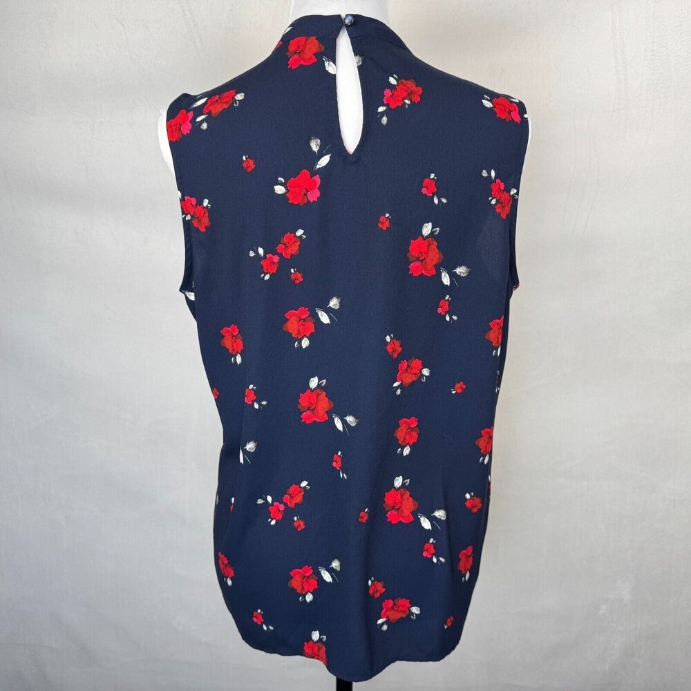 Elle Women Sz S Blouse Navy Floral Hi Neck Tie Keyhole Back Sleeveless