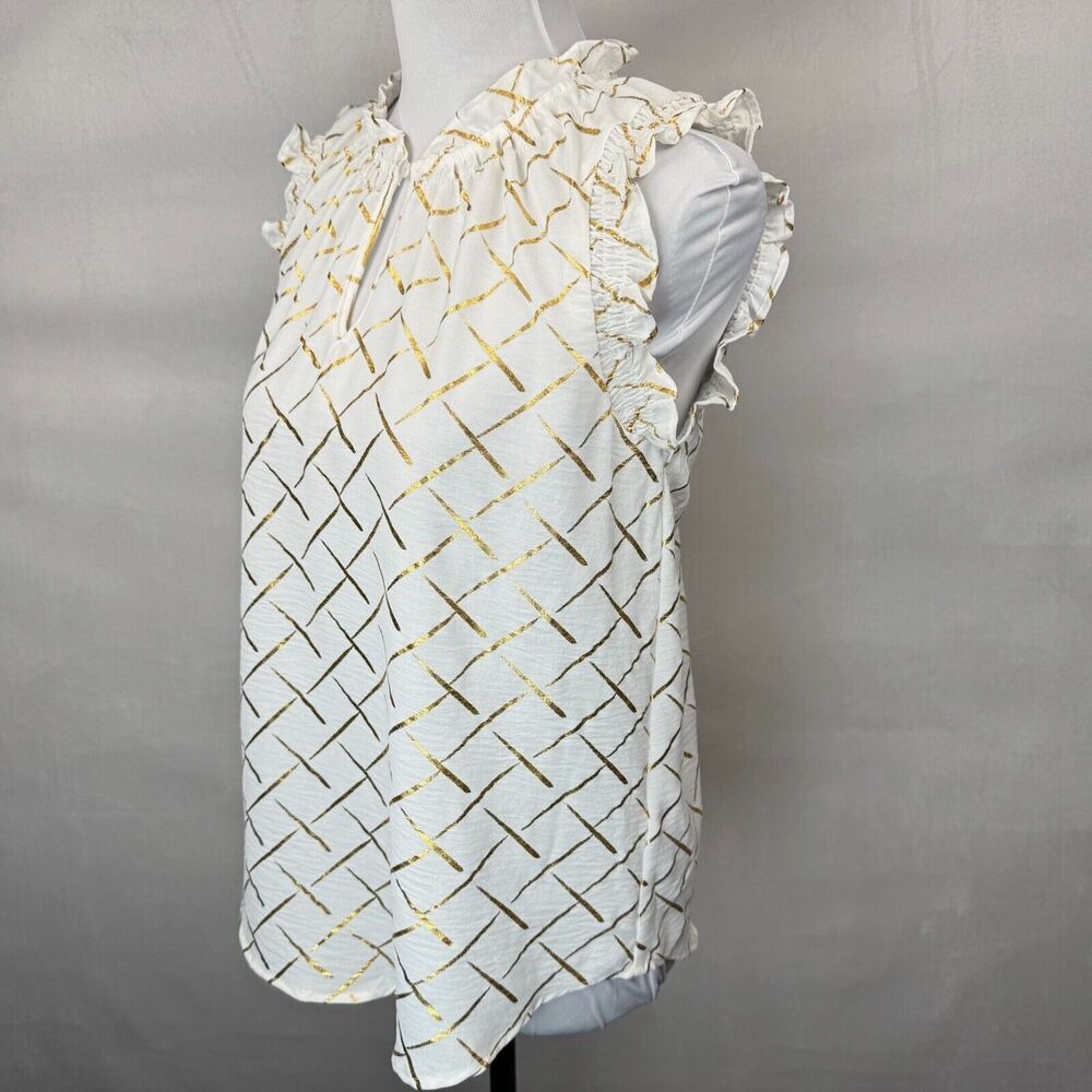 Como Black Ladies Sz S Blouse White Gold Print ruched round neck keyhole