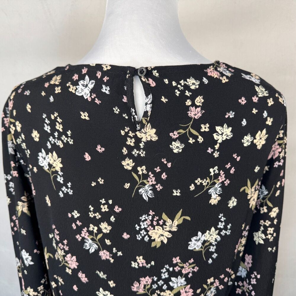 Elodie Women Top Sz L Black Floral Round Neck Keyhole Ruched Sides Ruffle Sleeve