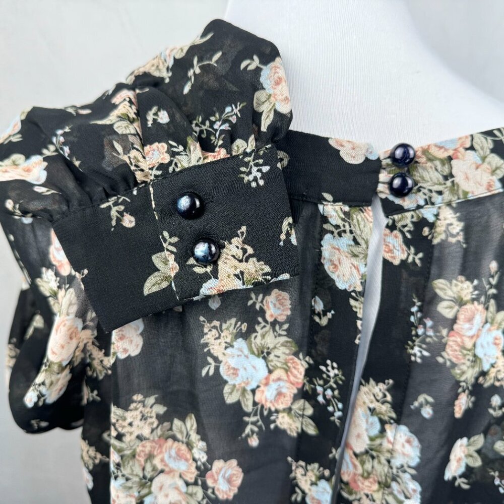 Seductions Women's Floral Sheer Blouse Size XL Black Long Sleeve Boho Romantic