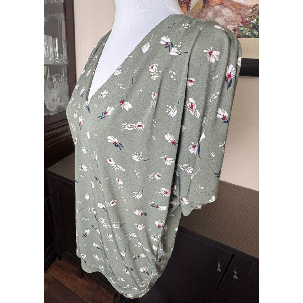 Banana Republic Top Sz S Casual Knit V Neck Cap Sleeve Green Floral Stretch