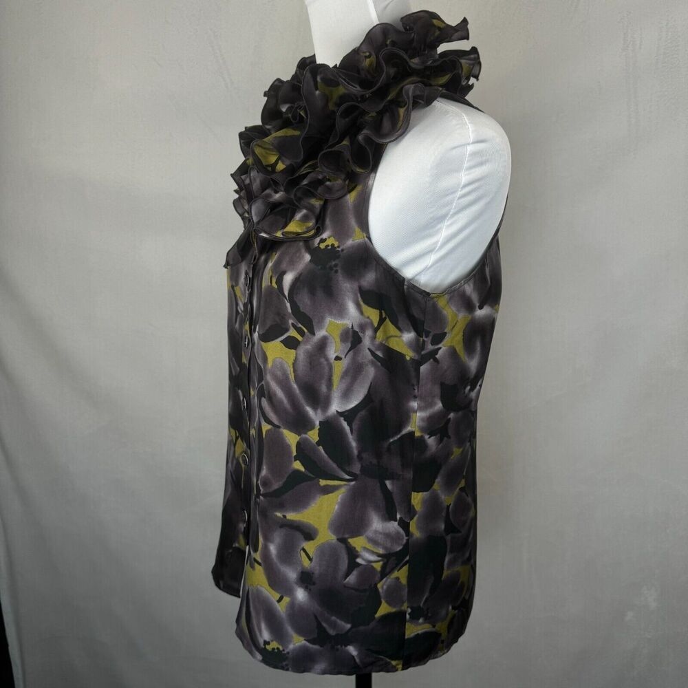 J Crew Top Sz 2 Floral Black Purple Yellow Ruffle Neck Button Down 100% Silk