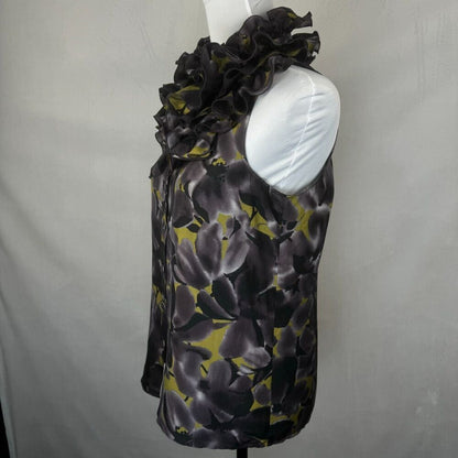 J Crew Top Sz 2 Floral Black Purple Yellow Ruffle Neck Button Down 100% Silk