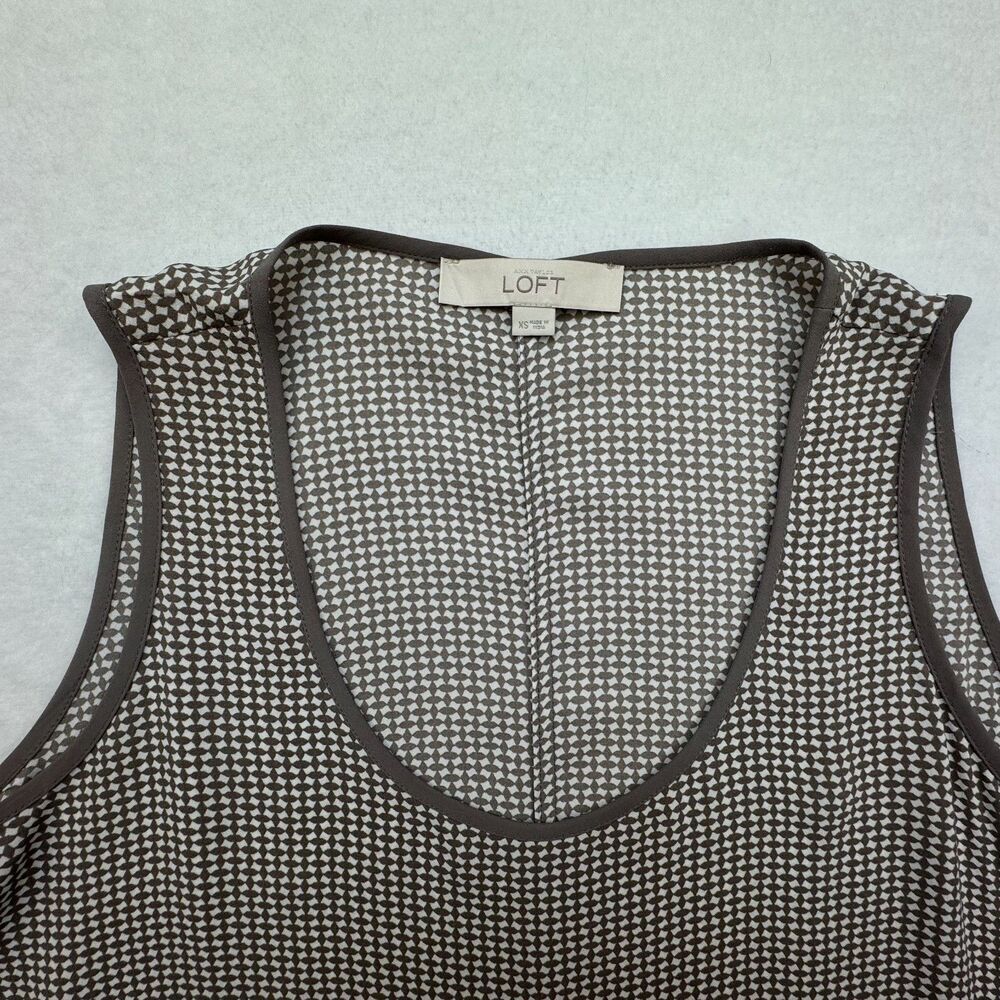 Loft Ann Taylor Top Sz XS Taupe White Print Long Tunic Sleeveless Solid Trim
