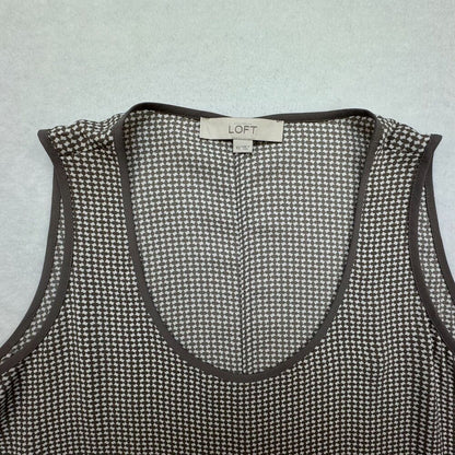 Loft Ann Taylor Top Sz XS Taupe White Print Long Tunic Sleeveless Solid Trim