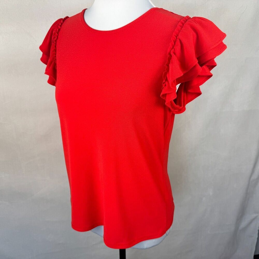 CeCe Women Sz XS Knit Red Blouse Crew Neck Double Ruffle Flutter Sleeve