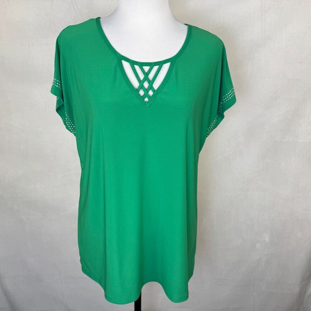 Diana Belle Women Sz L Emerald Green Cap Sleeve Embellished Scoop Cut Off Neck