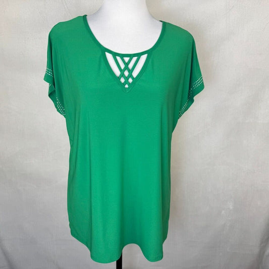 Diana Belle Women Sz L Emerald Green Cap Sleeve Embellished Scoop Cut Off Neck