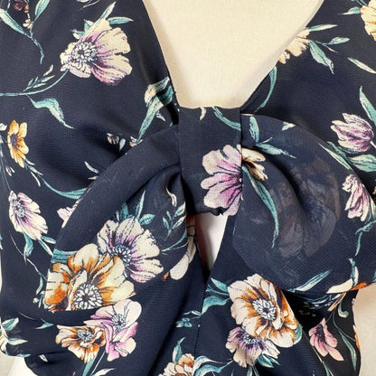 By & By Ladies Sz M Navy Blouse Cropped Lined Sheer Flutter Sleeve V-Neck Bow