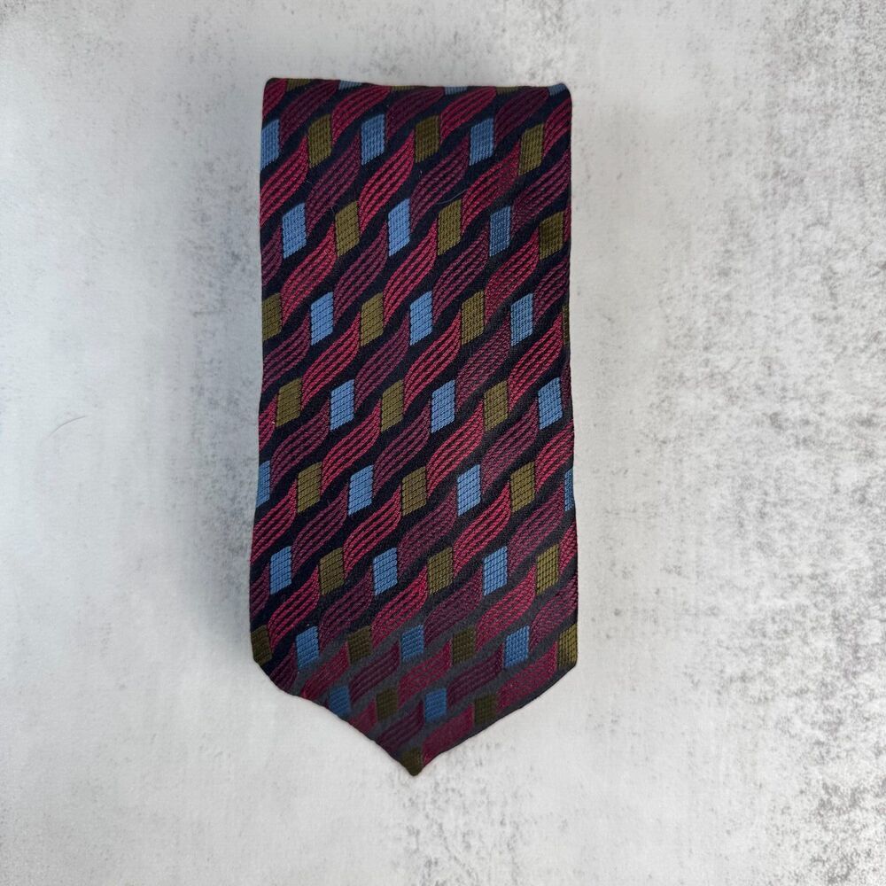 Emilio Romano Red Blue Green Abstract 100% Italian Silk Necktie