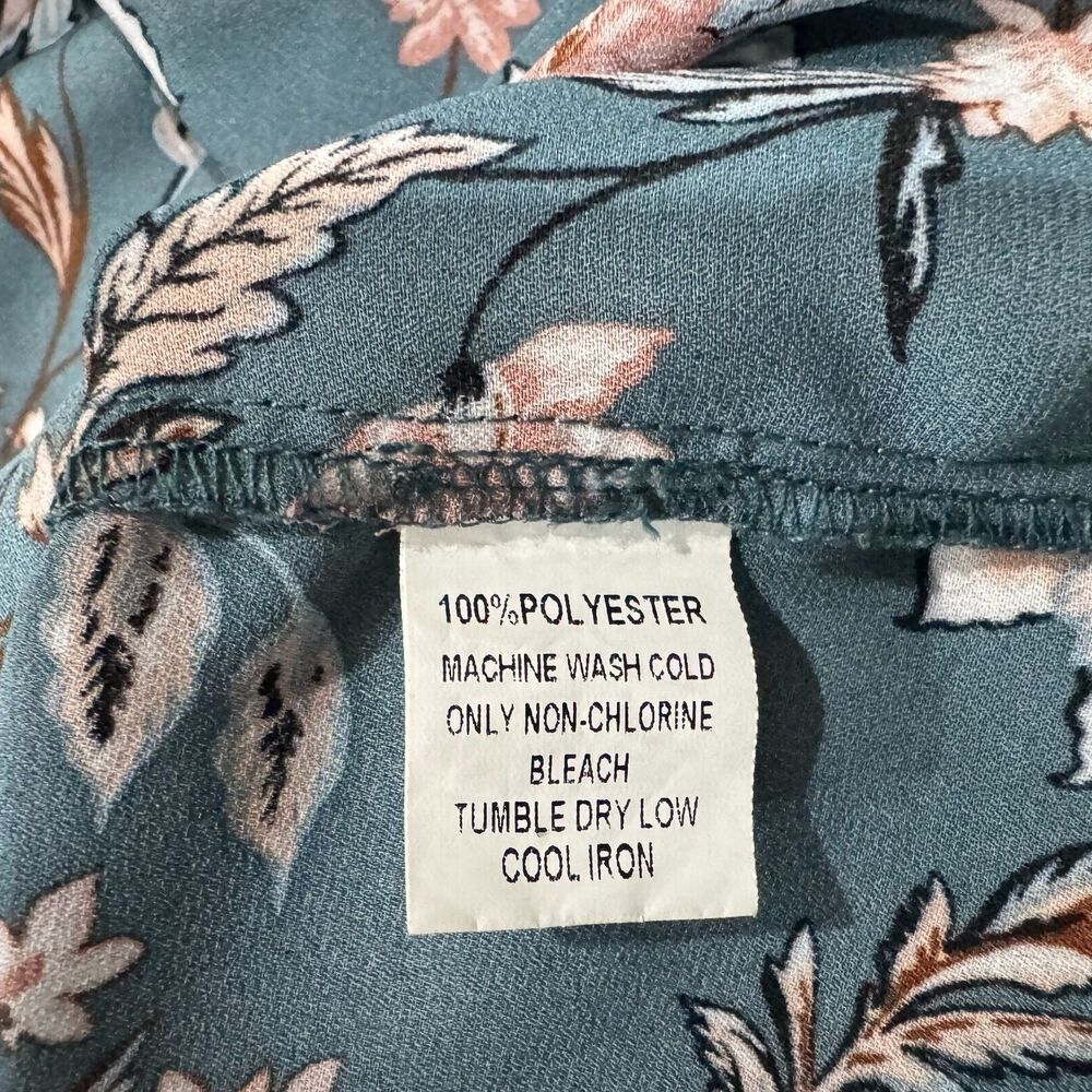 Papermoon Top Sz L Teal Floral Print Raglan Long Sleeve Back Zipper Boat Neck