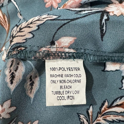 Papermoon Top Sz L Teal Floral Print Raglan Long Sleeve Back Zipper Boat Neck