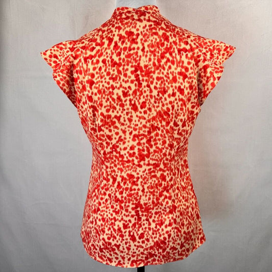 Ann Taylor Blouse Sz 2 Cream Red print V-Neck One Shoulder Flutter Sleeve