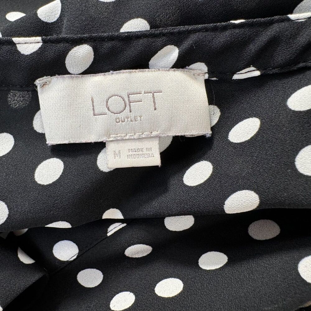 LOFT Womens Tank Top Sz M Black Polka Dot VNeck Henley Flowy Sleeveless