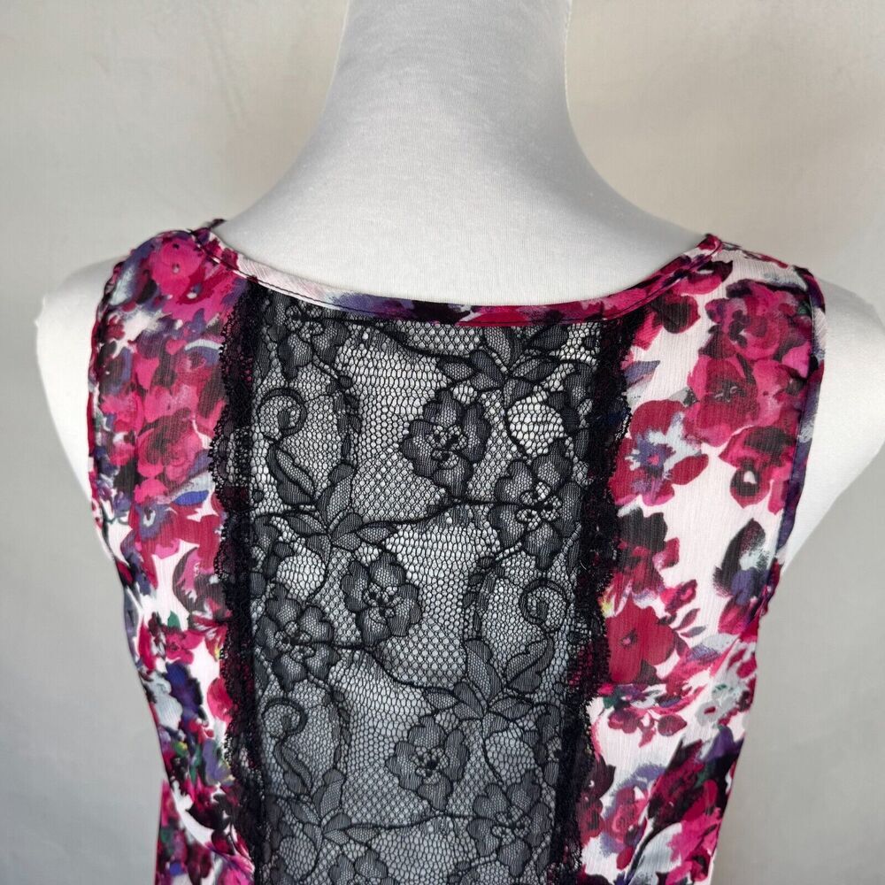 Studio Y Blouse Sz M Multicolor Floral Sheer Back Lace Scoop Neckline Sleeveless
