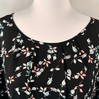 Elle Ladies Top Sz M Solid black under Tank Floral Bat Wing Sleeve top
