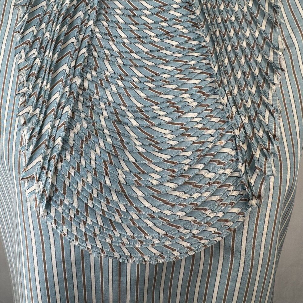 BCBGMaxAzria Top Sz S Crew Pleated Bib Style Neckline Striped Blue Brown Zipper