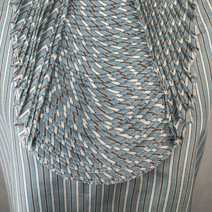 BCBGMaxAzria Top Sz S Crew Pleated Bib Style Neckline Striped Blue Brown Zipper
