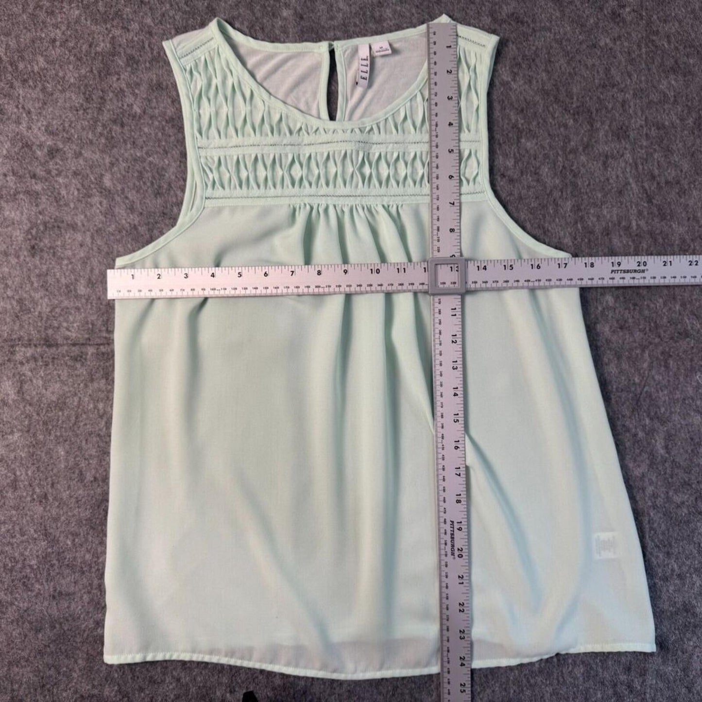 ELLE Women Top Sz M Sheer Round Neck Sleeveless Light Green Smocked Yoke