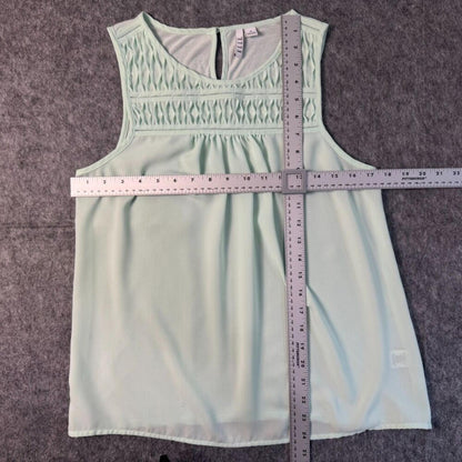 ELLE Women Top Sz M Sheer Round Neck Sleeveless Light Green Smocked Yoke