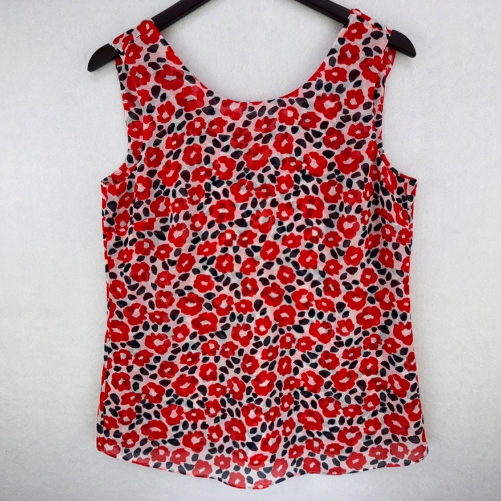 Cabi Ladies Tank Top Sz S Flipside Red Front Floral Ruffle V-Neck