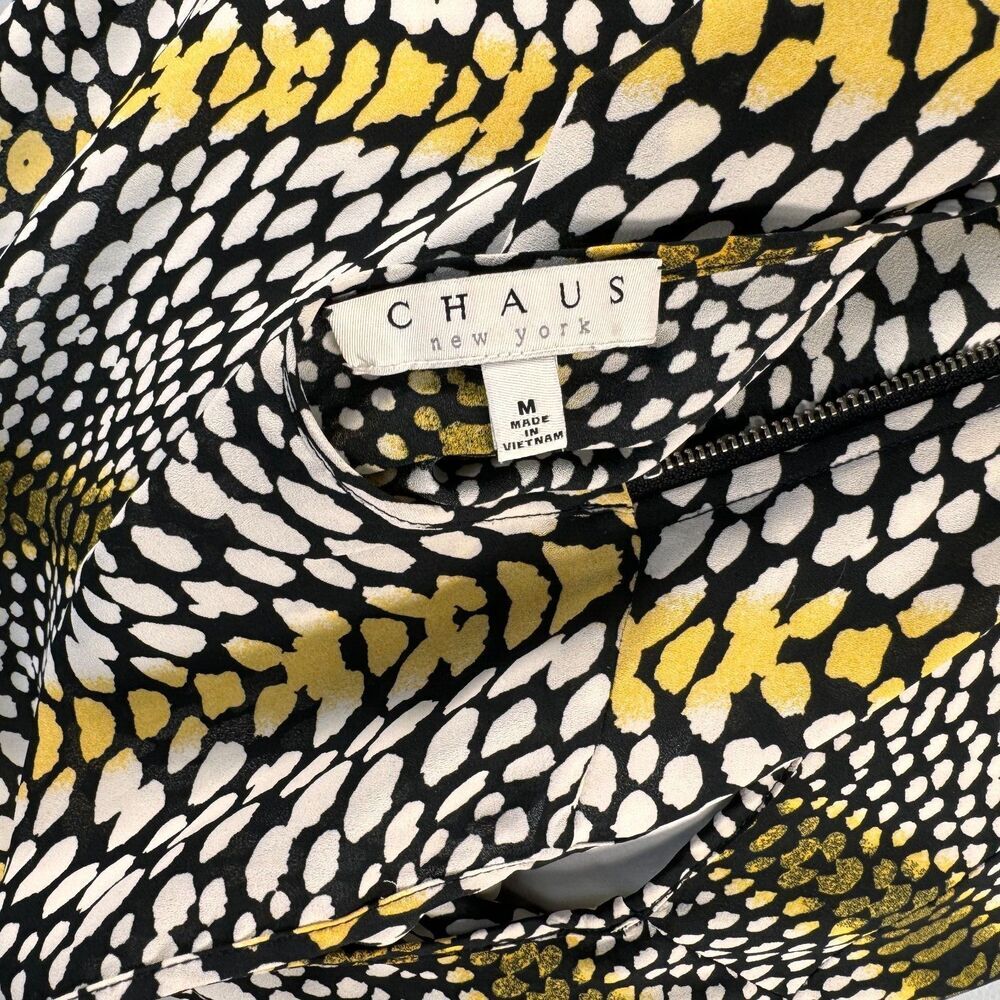 Chaus New York Top Sz M Yellow Black White Safari Front Zip V-Neck Sleeveless
