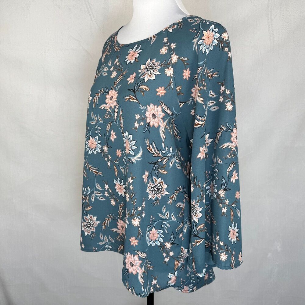 Papermoon Top Sz L Teal Floral Print Raglan Long Sleeve Back Zipper Boat Neck