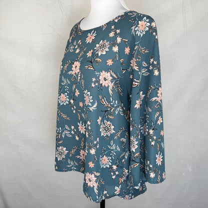 Papermoon Top Sz L Teal Floral Print Raglan Long Sleeve Back Zipper Boat Neck