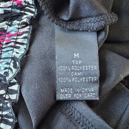 BCX Sheer Top Women Sz M Black with Fucsia White Print Over Cami Tank Ruched Hem