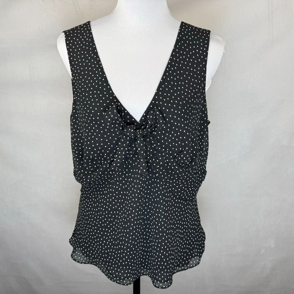 LOFT Women Blouse Sz 14P Black Beige Polka Dot Sleeveless VNeck