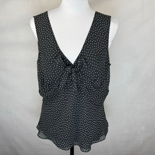 LOFT Women Blouse Sz 14P Black Beige Polka Dot Sleeveless VNeck