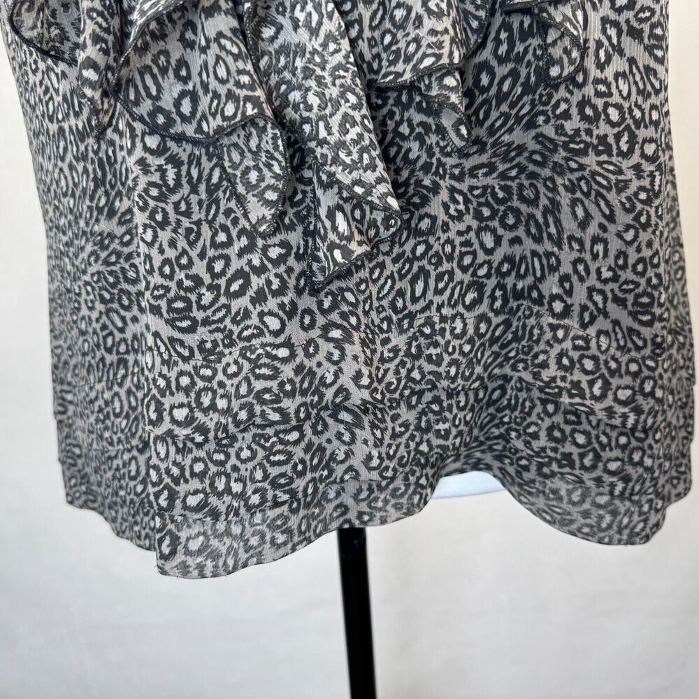 ECI  Top Sz 10 Gray Black Halter Ruffle Front Sleeveless Open Back Animal Print
