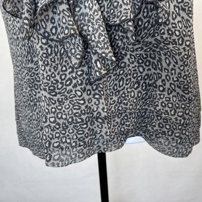ECI  Top Sz 10 Gray Black Halter Ruffle Front Sleeveless Open Back Animal Print